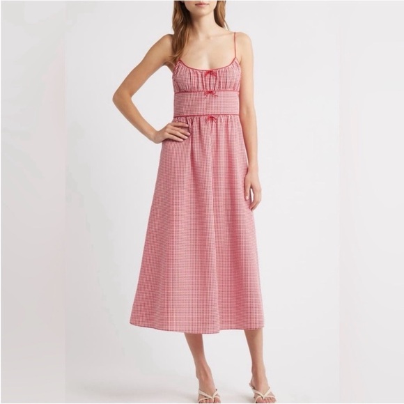 Doen NWT Belline Cotton Bow Midi Maxi Dress Rouge La Maddalena Gingham Red Sz M - Picture 1 of 13